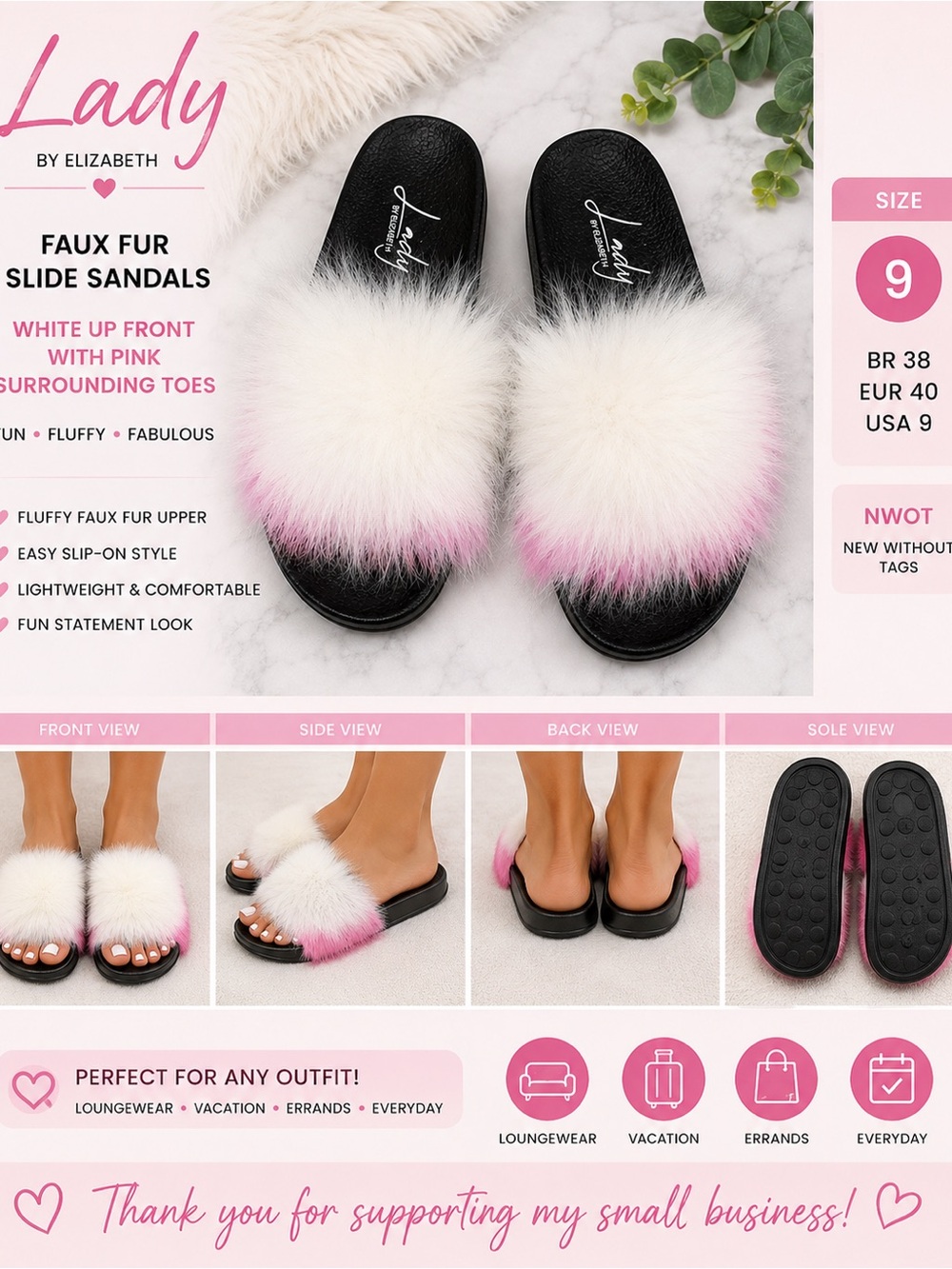 Lady by Elizabeth Women’s Faux Fur Slide Sandals White Pink Fluffy Size 9 NWOT
